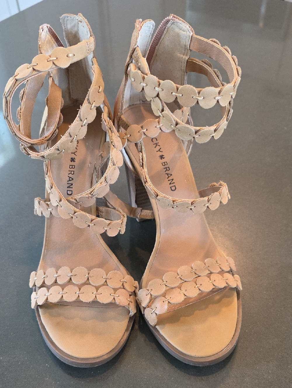 Lucky Brand Tan Floral-Strap Block Heel Sandals